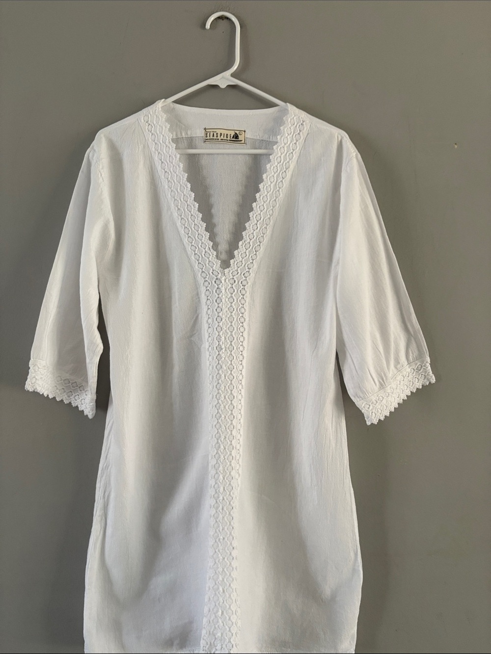 Seaspice White V-Neck Crochet-Trim Cotton Tunic Dress